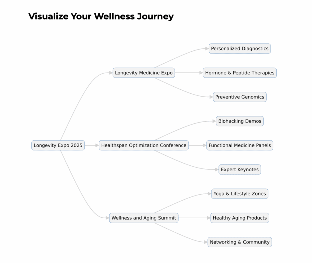 Alt text: Wellness journey map for Longevity Expo 2025 showing tracks in longevity medicine, healthspan optimization, and wellness and aging summit activities.